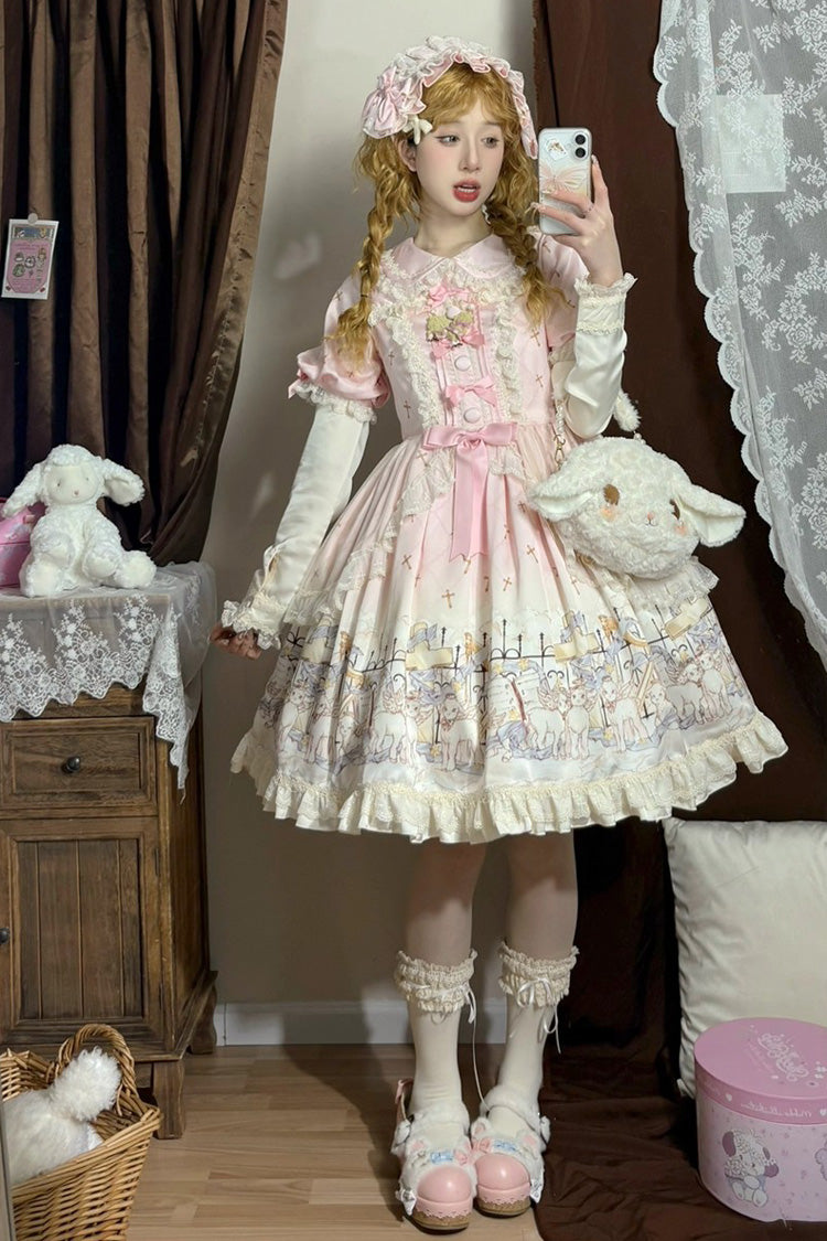 Pink [Angel Lamb] Lapel Collar Short Sleeves Printed Ruffled Bow Sweet Lolita Dress - Product - 5