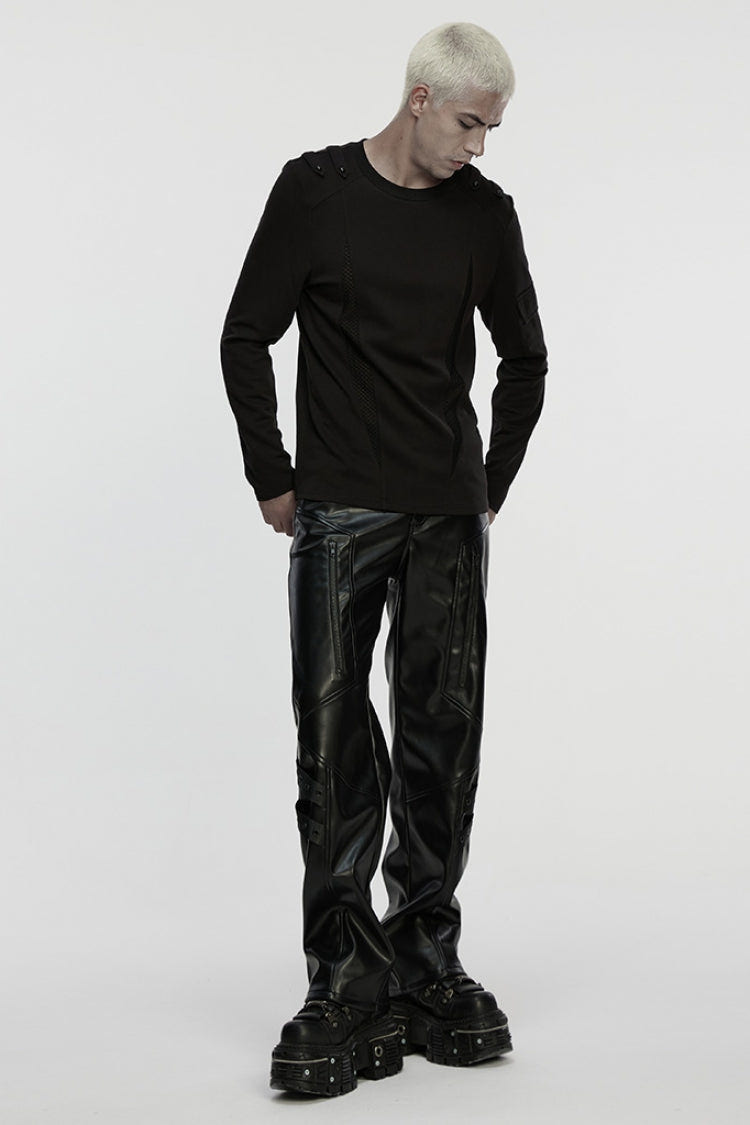 Black Round Collar Long Sleeves Cut-Out Spliced Mesh Men's Punk T-Shirt - Product - 4