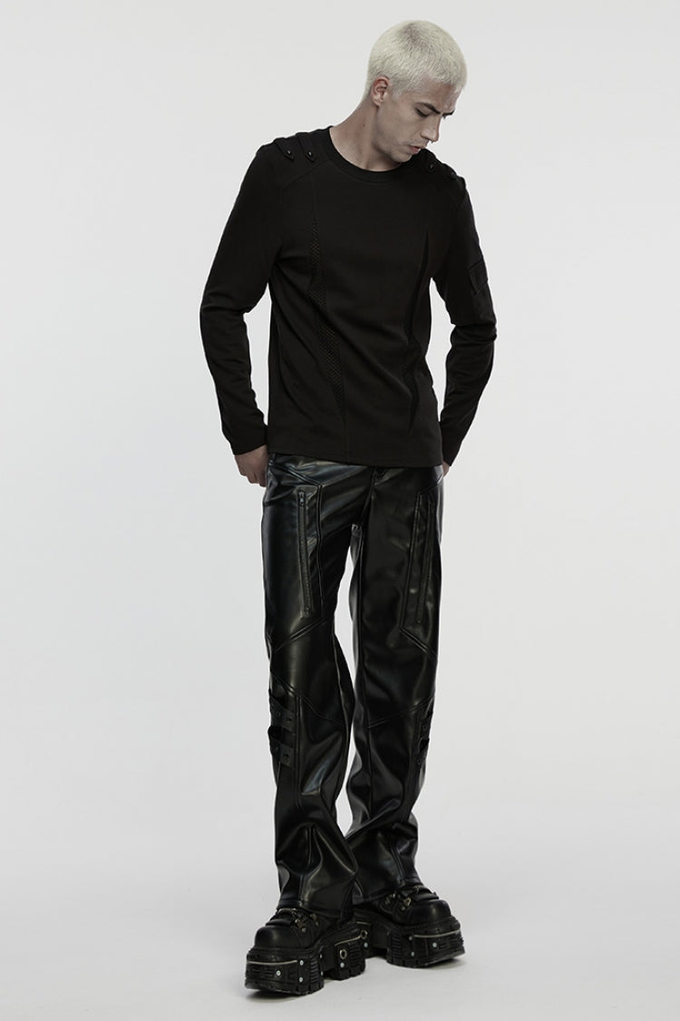 Black Round Collar Long Sleeves Cut-Out Spliced Mesh Men's Punk T-Shirt - Product - 4