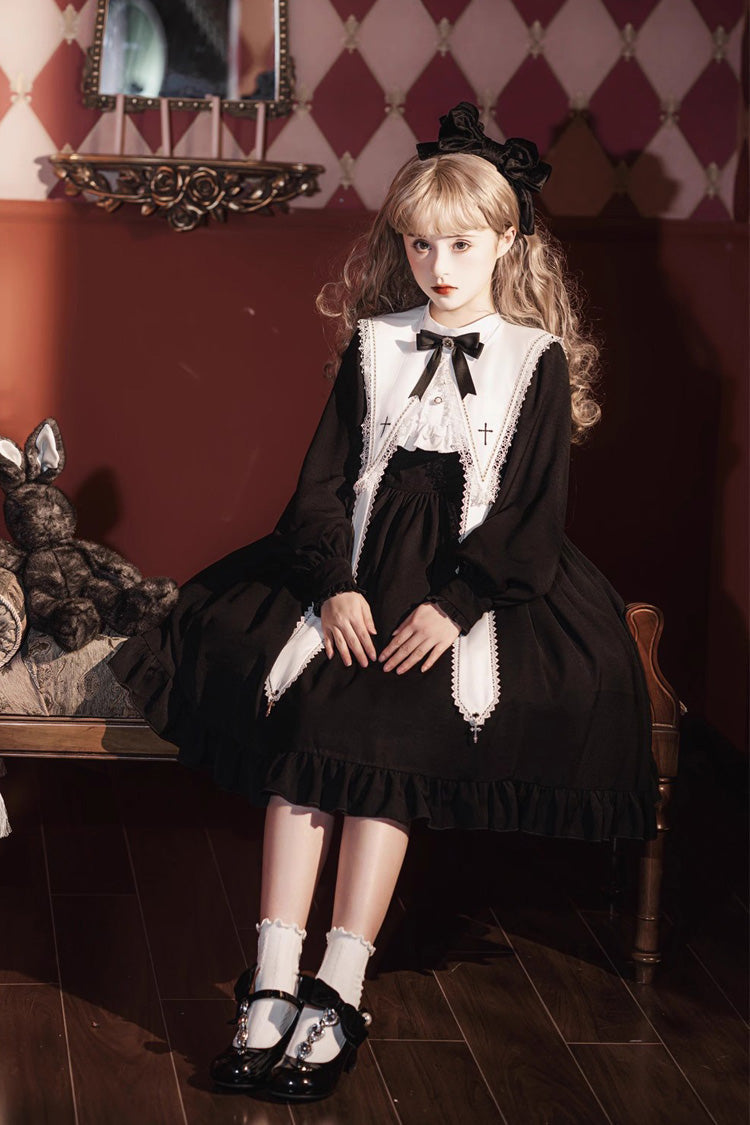 Black Long Sleeves Ruffle Bowknot Classic Gothic Elegant Nun Lolita Dress - Product - 6