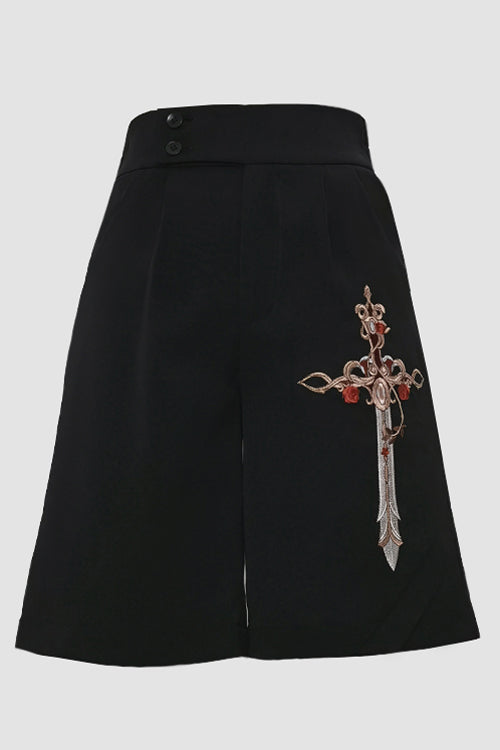 Black Vintage Night Command Rose Thorns Embroidery Ouji Lolita Shorts - Black - 1
