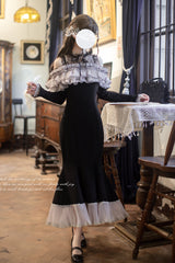Black [Night Cherry Blossoms] Long Sleeves Ruffle Bowknot Daily Sweet Elegant Lolita Fishtail Dress - Product - 4