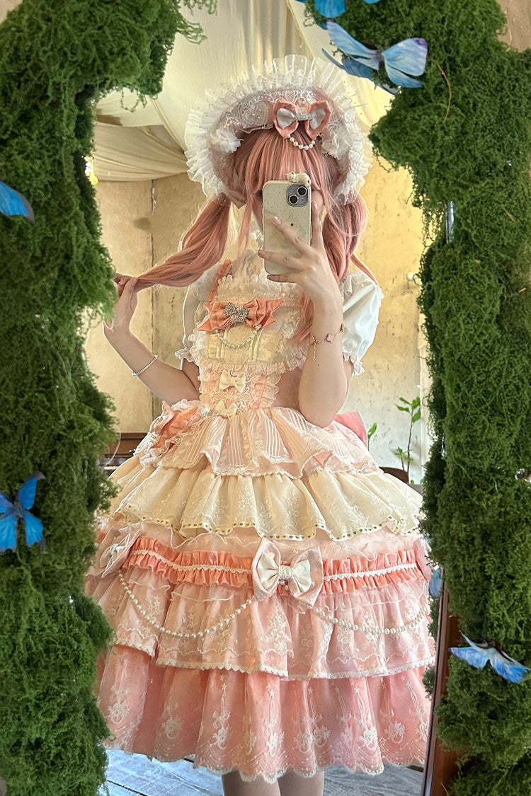 Pink [Falling Sakura] Multi-Layered Ruffled Hanayome Bow Lace Sweet Plus Size Princess Lolita Jsk Dress - Product - 6