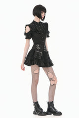 Black High Waisted Multi-Layered Ruffled Lace Patchwork Pocket Women's Punk Mini Skirt - Product - 2