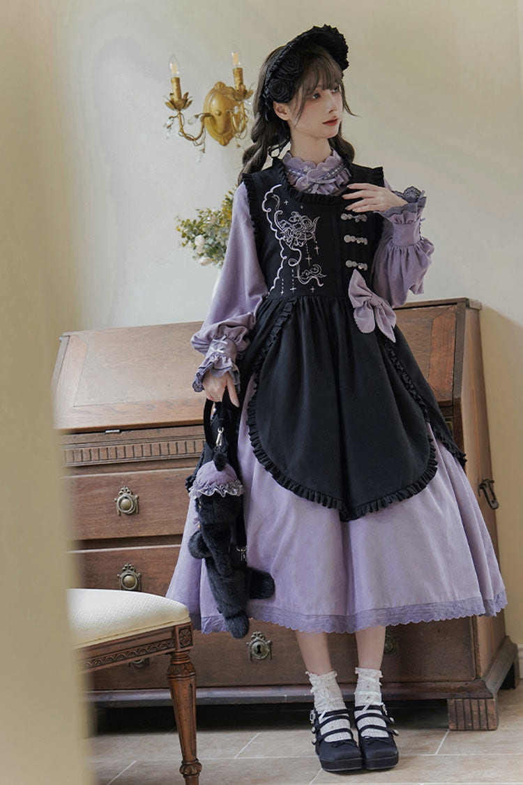 Black/Purple Petal Collar Drawstring Long Sleeves Embroidery Sweet Chinese Style Lolita Dress Two-piece Set - Product - 7