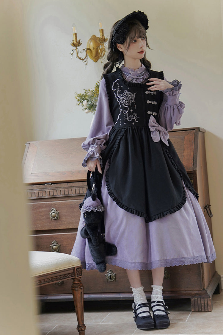 Black/Purple Petal Collar Drawstring Long Sleeves Embroidery Sweet Chinese Style Lolita Dress Two-piece Set - Product - 7