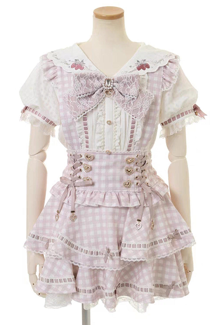Sweet Multi-Layered Plaid Printed Ruffled Bow Lace-Up Jirai Kei Plus Size Japanese College Style Skirt 3 Colors - Pink(Skirt-Only) - 1