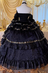 Black [Obsidian Banquet] Double-Layered Ruffled Hanayome Bow Lace Sweet Gothic Princess Lolita Jsk Dress - Product - 13