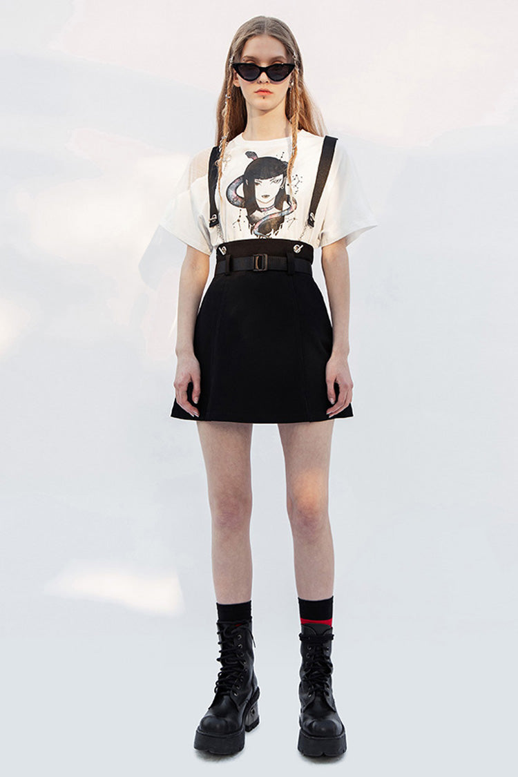 Black Metal Ring Shoulder-Strap Buckle Belt Split Hem A-Shaped Women's Punk Skirt - Product - 4