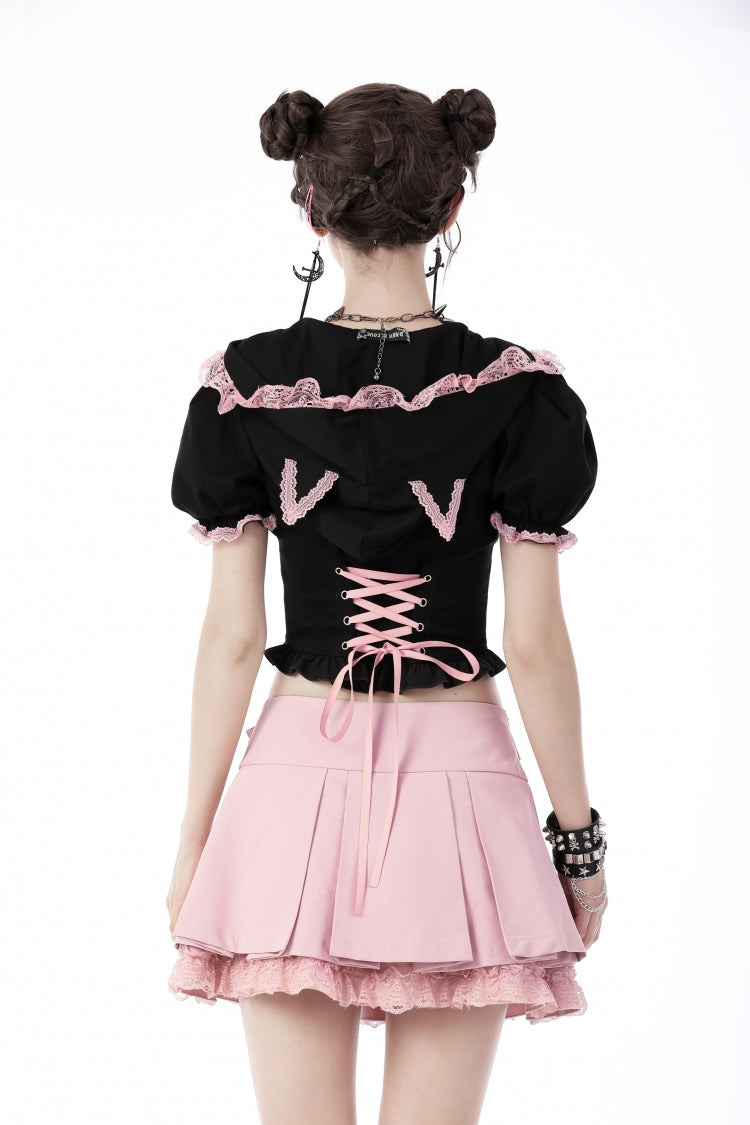 Black/Pink Short Puff Sleeves Lace Ruffled Lace-Up Zippered Women's Lolita Gothic Crop Top with Cat Hood - Product - 6
