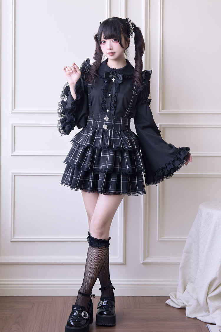 Black Triple-Layered Plaid Print Ruffle Gothic Jirai Kei Japanese Strap Dress - Product - 2