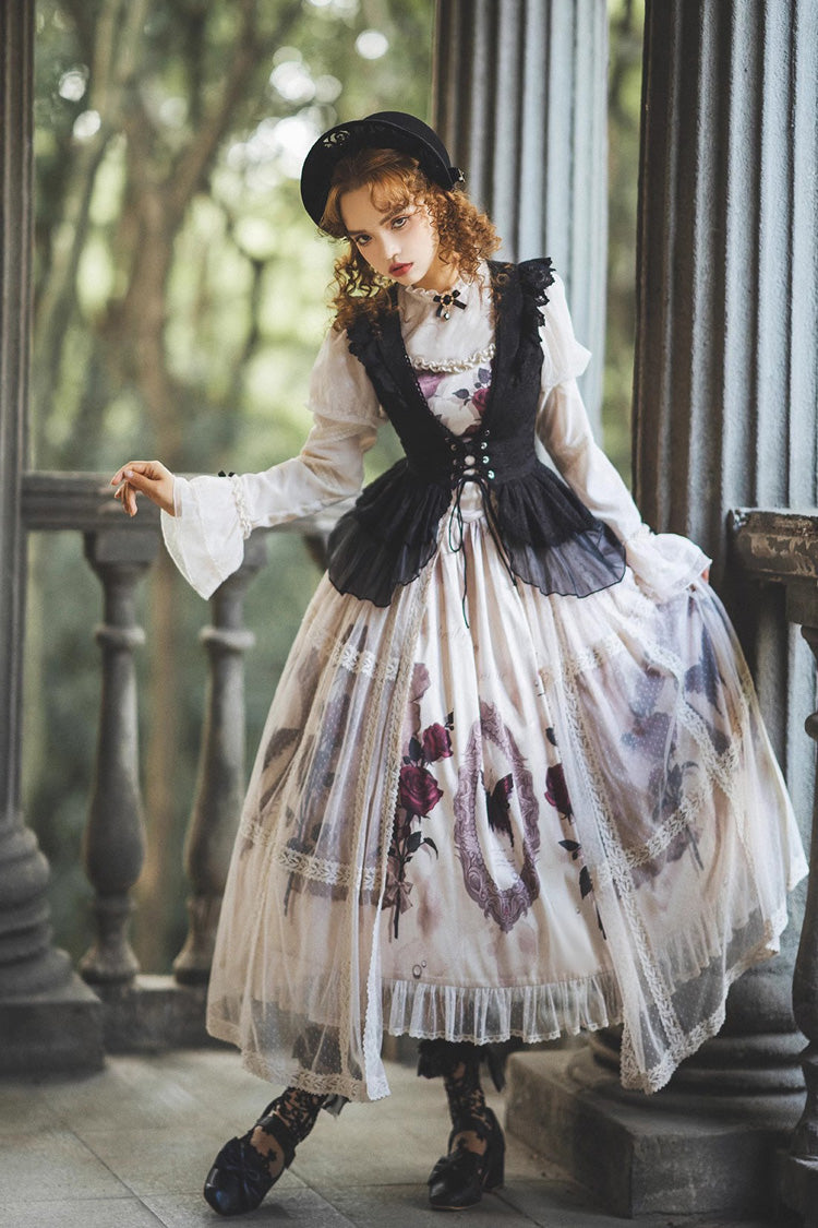 Multi-Color Long Sleeves Print Ruffle French Princess Classic Gothic Lolita Dress Set - Product - 2