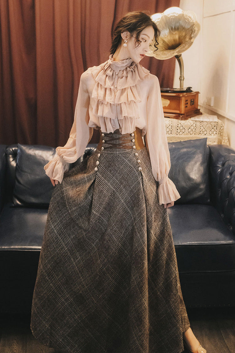 Pink/Brown Stand Collar Long Lantern Sleeves Ruffled Lace-Up Classic Vintage Lolita Skirt Set - Product - 7