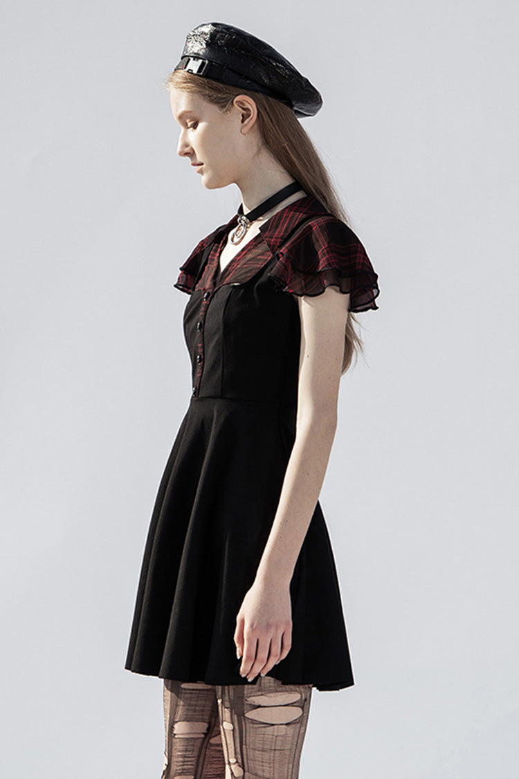 Black/Red V-Neck Ruffled Short-Sleeved Check Chiffon Waisted Skull Stud Women's Punk Dress - Product - 2