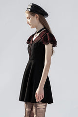 Black/Red V-Neck Ruffled Short-Sleeved Check Chiffon Waisted Skull Stud Women's Punk Dress - Product - 2