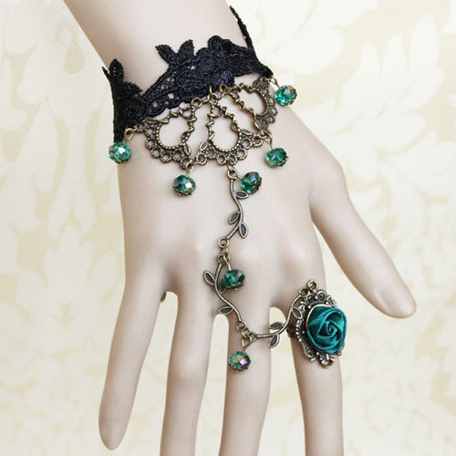 Black Lace Green Bead Gothic Lolita Bracelet Ring Jewelry - Product - 2