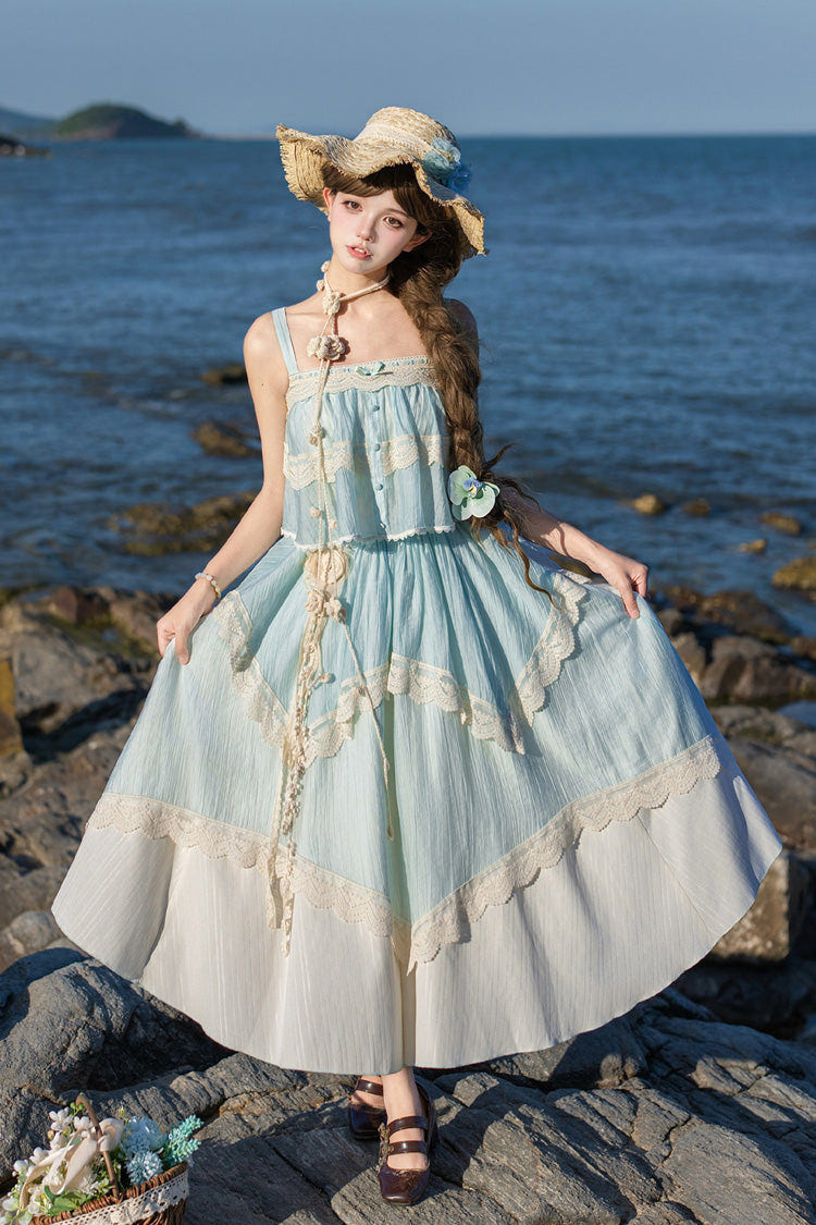 [Summer of Bluebells] Square Collar Sleeveless Jacquard Ruffled Asymmetric Sweet Lolita Skirt Set 2 Colors (Blue/Green, Ivory) - Product - 24