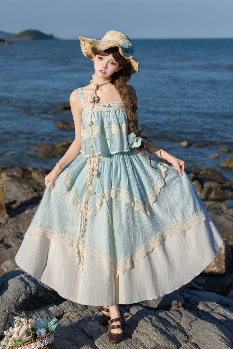 [Summer of Bluebells] Square Collar Sleeveless Jacquard Ruffled Asymmetric Sweet Lolita Skirt Set 2 Colors (Blue/Green, Ivory) - Product - 24