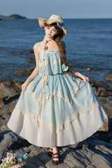 [Summer of Bluebells] Square Collar Sleeveless Jacquard Ruffled Asymmetric Sweet Lolita Skirt Set 2 Colors (Blue/Green, Ivory) - Product - 24