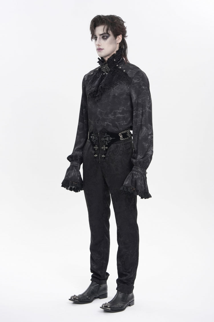 Black Stand Collar Long Trumpet Sleeves Printed Bow Lace Pearl-Decorated Men's Gothic Gorgeous Shirt - Product - 3