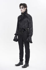 Black Stand Collar Long Trumpet Sleeves Printed Bow Lace Pearl-Decorated Men's Gothic Gorgeous Shirt - Product - 3