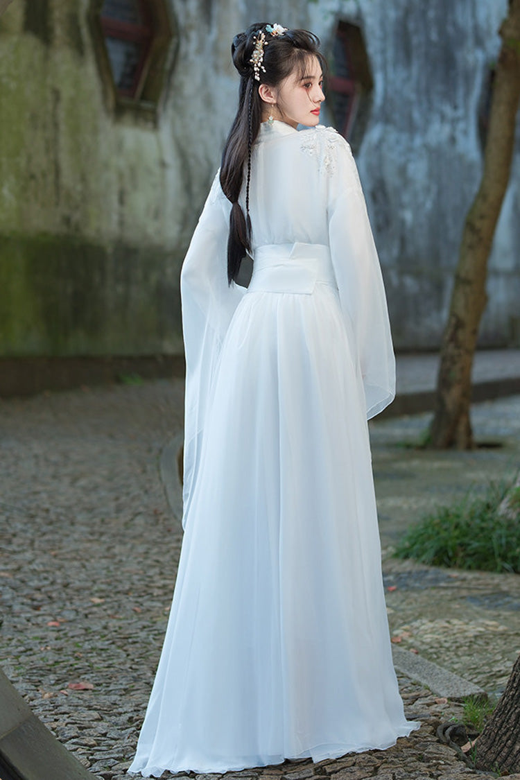 White Fairy-Like Long Trumpet Sleeves Embroidered Sweet Ancient Chinese Inspired Hanfu Dress - Product - 7