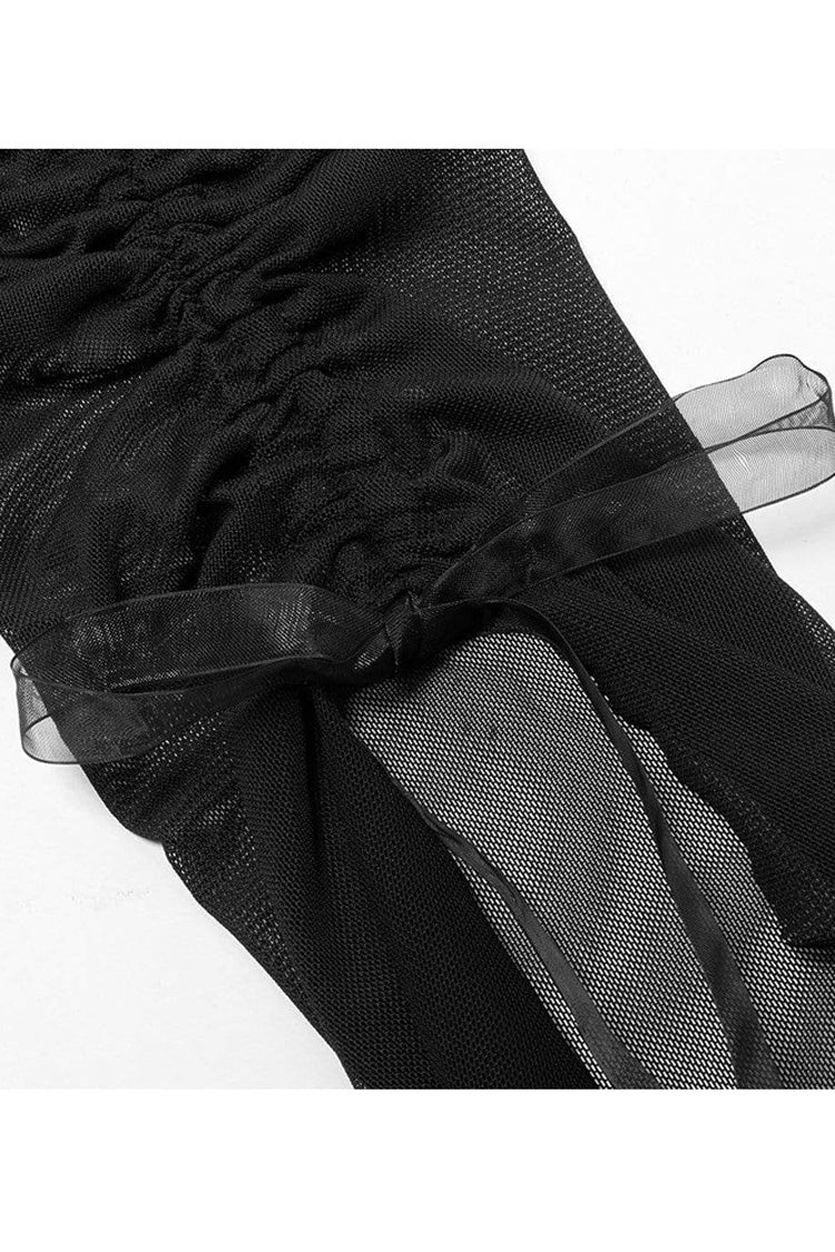 Black Gothic Elasticity Cotton Hollow Buttonhole Strap Design Slash Neck Women's T-Shirt - Product - 6