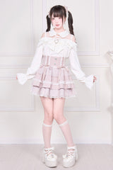 Jirai Kei Off Shoulder Long Sleeves Print Bowknot Lace-Up Sweet Japanese Blouse 3 Colors - Product - 19