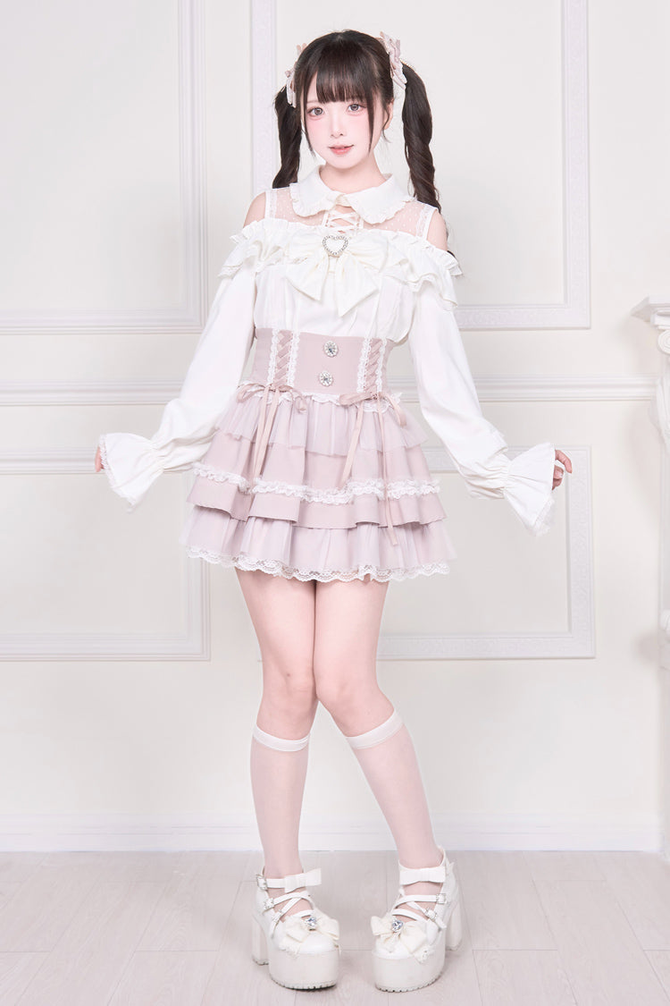 Jirai Kei Off Shoulder Long Sleeves Print Bowknot Lace-Up Sweet Japanese Blouse 3 Colors - Product - 19