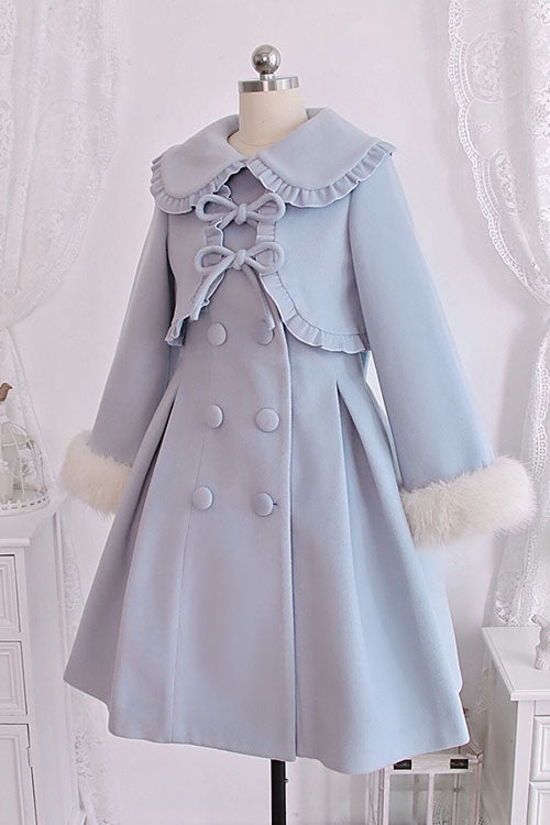 Blue Double Breasted Bowknot Plush Long Sleeves Fake Two-Piece Woolen Lolita Coat - Product - 2