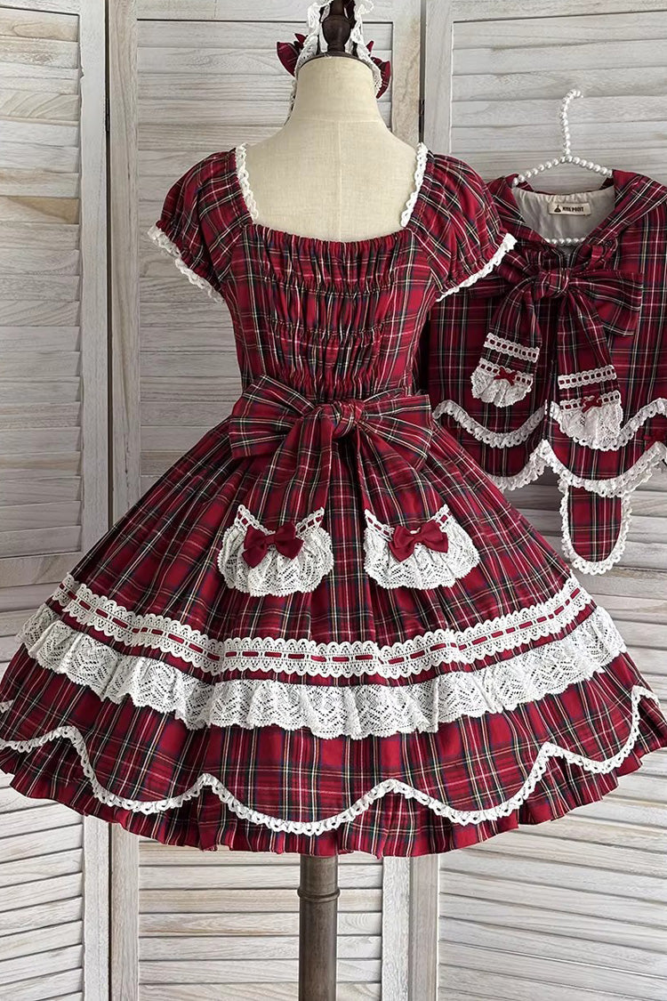 Red [Gingham Petal Bunny] Short Sleeves Printed Ruffled Bow Sweet Lolita OP Dress - Product - 17