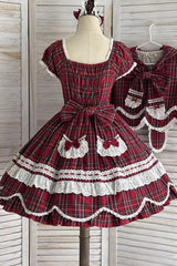 Red [Gingham Petal Bunny] Short Sleeves Printed Ruffled Bow Sweet Lolita OP Dress - Product - 17