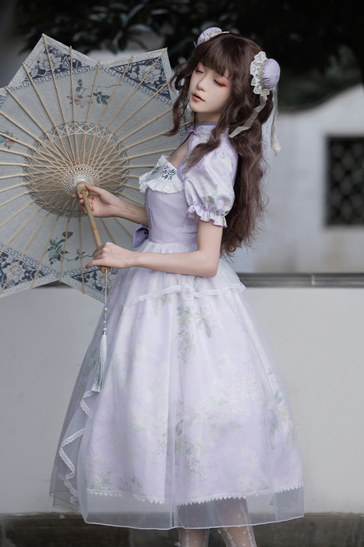 Purple Lilac Short Sleeves Hollow Embroidery Sweet Chinese Cheongsam Style Lolita Dress - Product - 2