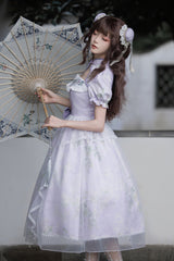 Purple Lilac Short Sleeves Hollow Embroidery Sweet Chinese Cheongsam Style Lolita Dress - Product - 2