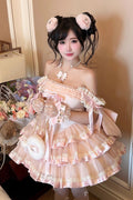Pink Princess Ribbon Off Shoulder Triple-Layered Ruffle Bowknot Sweet (Dress Only) front view