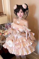 Pink [Princess Ribbon] Off Shoulder Triple-Layered Ruffle Bowknot Sweet Lolita Dress - Pink - 1