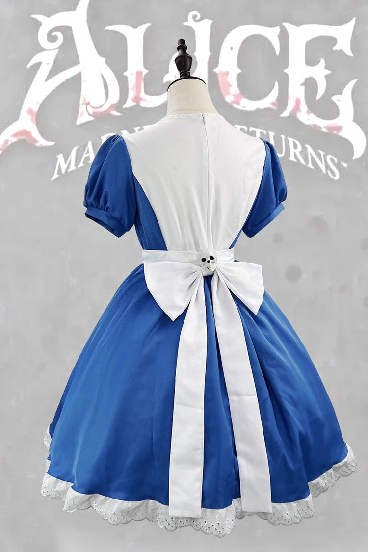 Blue/White [Alice Madness Returns] Short Sleeves Ruffle Sweet Plus Size Lolita Dress Full Set - Product - 4