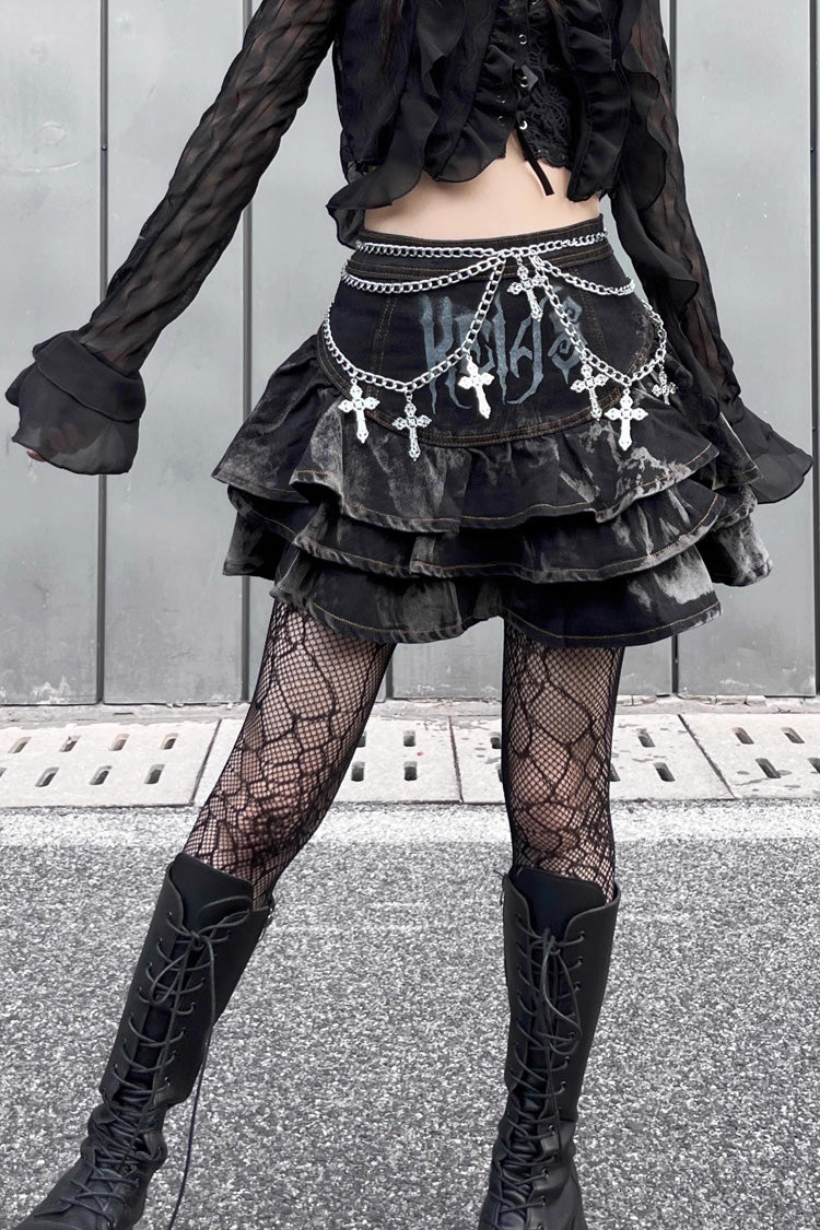 Black High Waisted Print Chain Rock Gothic Skirt - Product - 2