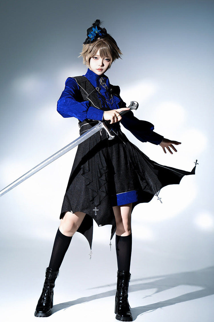 Black/Blue Courtly Knight-Style Long Sleeves Ruffle Embroidery Prince Ouji Lolita Set - Product - 5