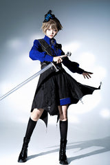 Black/Blue Courtly Knight-Style Long Sleeves Ruffle Embroidery Prince Ouji Lolita Set - Product - 5