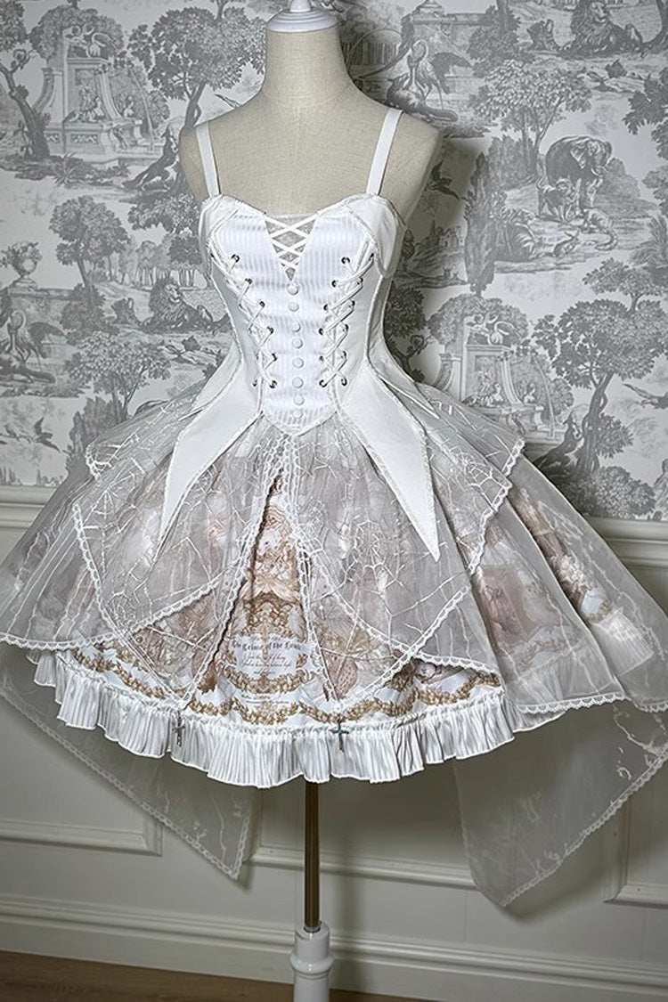 The Mystery Of The Doll Print Ruffle Bowknot Gothic Lolita Skirt Dress 2 Colors - White - 3