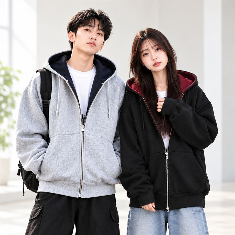 Black and gray unisex relaxed zip-up hoodies