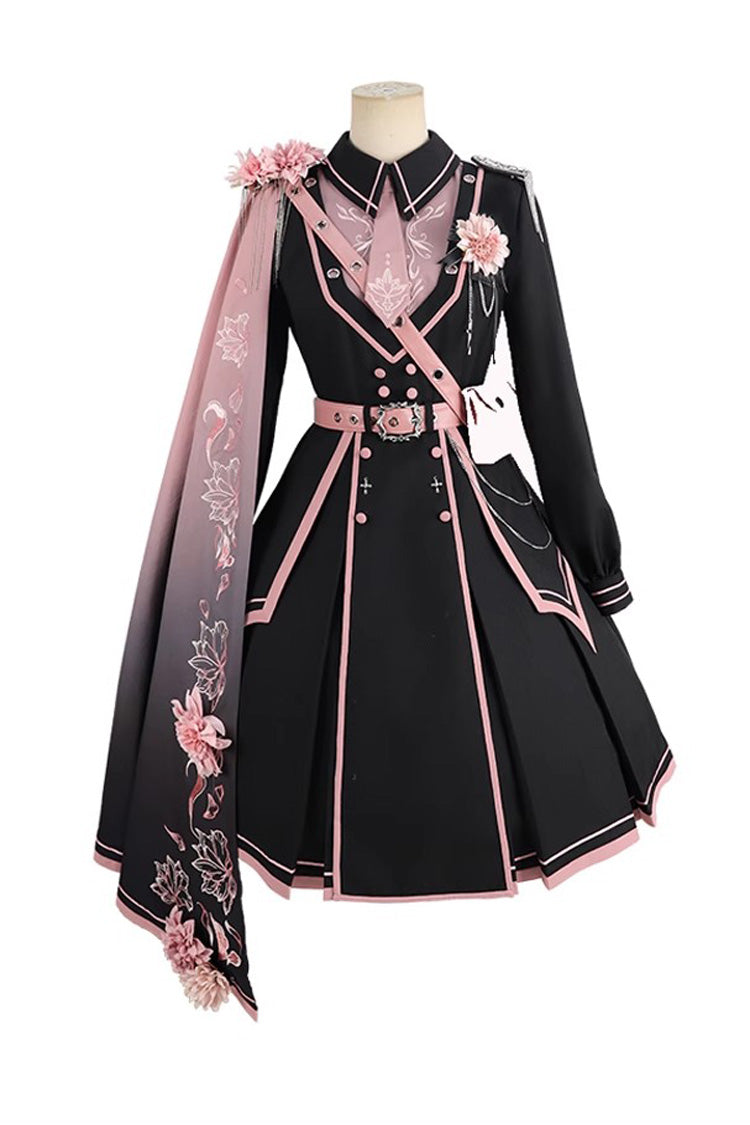 Black/Pink Long Sleeves Ruffle Gothic Military Elegant Princess Lolita Dress - Product - 3