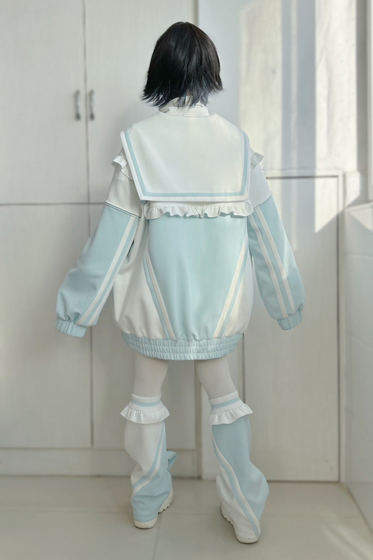 Jirai Kei Long Sleeves Ruffle Color Matching Zipper Coat 3 Colors - Product - 8
