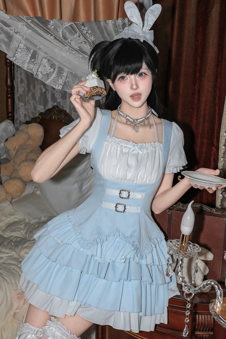 [Silent Summer] Square Collar Halterneck Short Sleeves Multi-Layered Printed Ruffled Classic Cool Lolita Dress Set (Black/Blue 2 Colors) - Blue - 11
