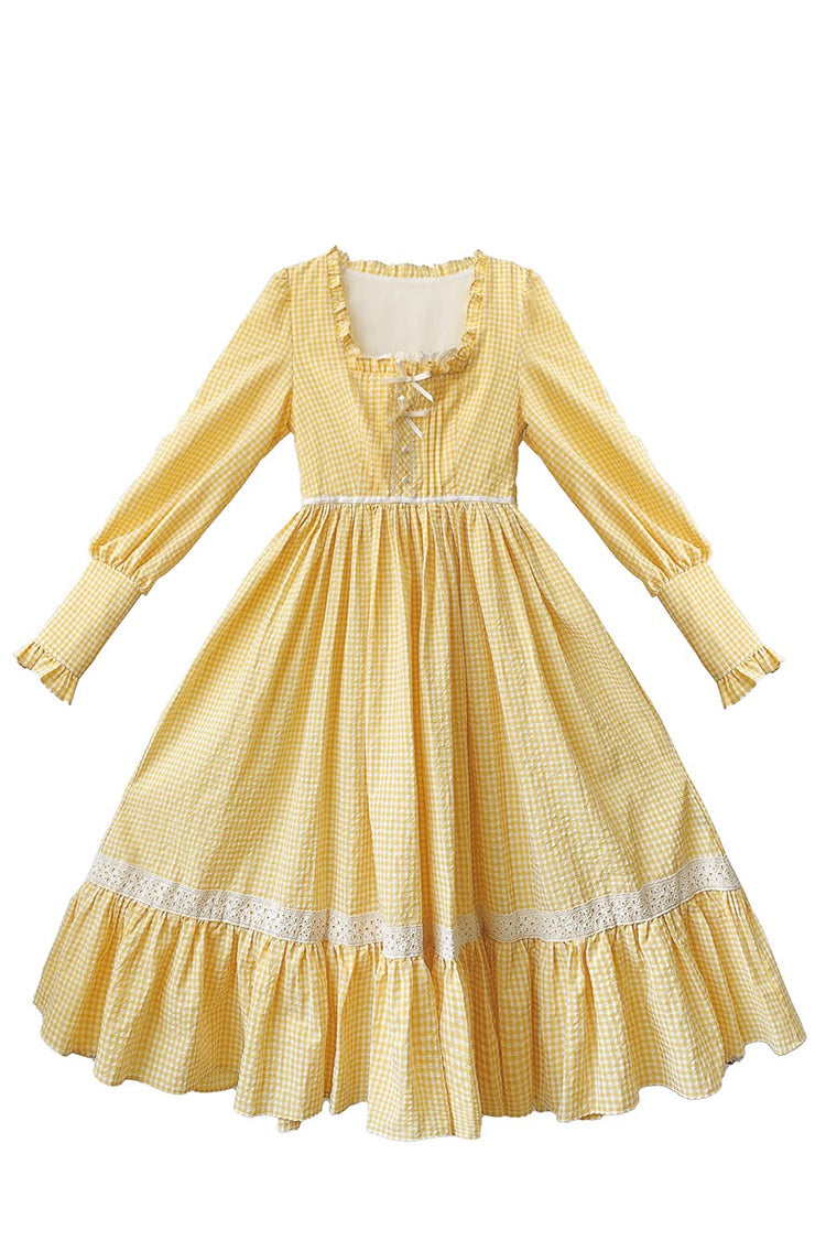 Yellow Long Sleeves Print Ruffle Lace-Up Sweet Elegant Lolita Dress - Product - 3
