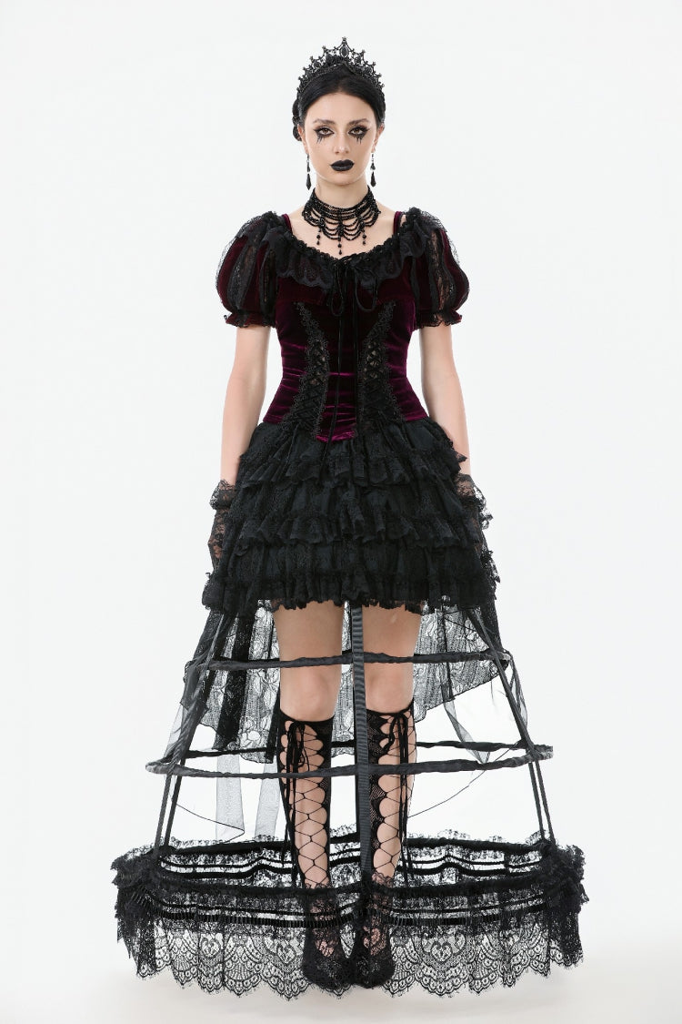 Black Ruffled Doll Collar Short Puff Sleeves Lace-Up Women's Gothic Princess Velvet Cape - Product - 2
