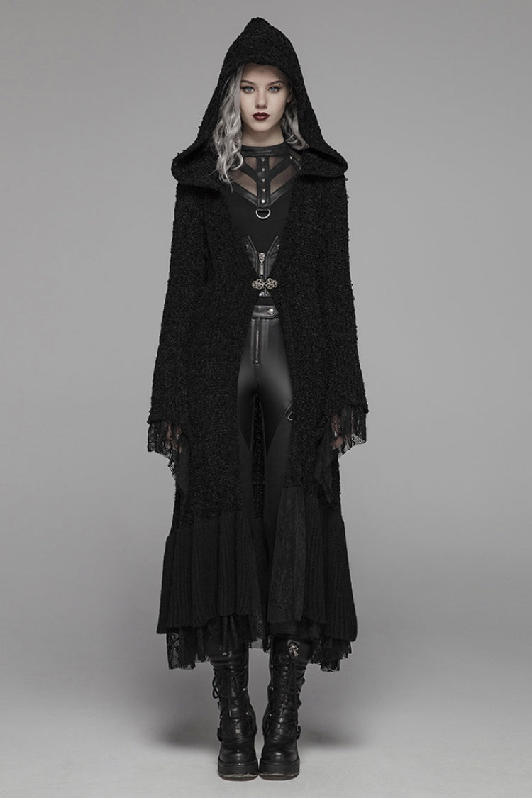 Black Long Sleeves Multi-layer Lace Hooded Women's Gothic Long Coat - Black - 1