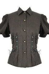 Brown Bubble Short Sleeves Striped Slim Womens Punk Blouse - Product - 4