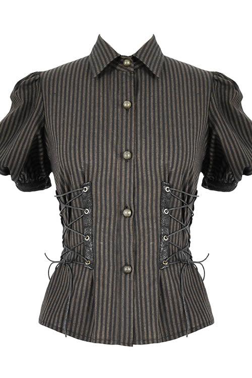 Brown Bubble Short Sleeves Striped Slim Womens Punk Blouse - Product - 4